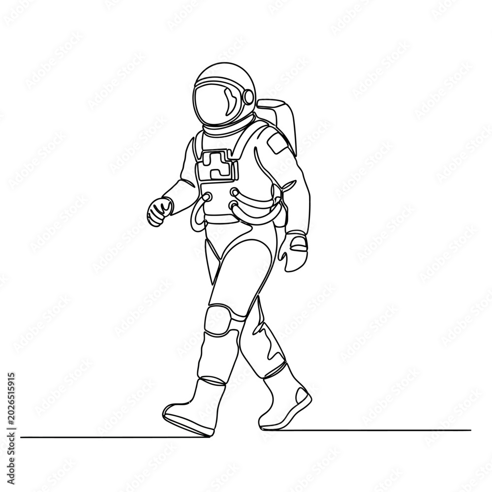 Fototapeta premium Astronaut Walking In Space Continuous Line Drawing