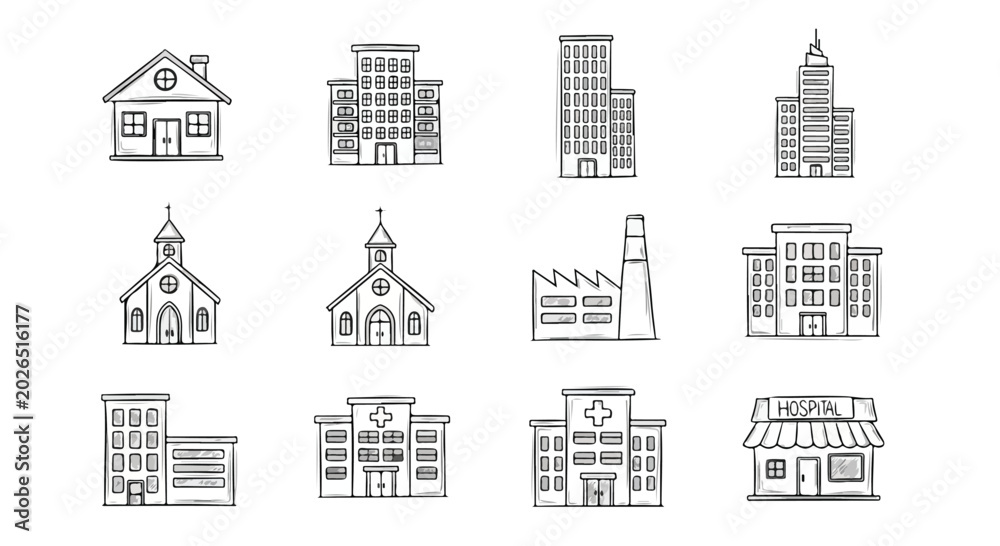 Fototapeta premium Hand drawn building vector illustration set city architecture sketch