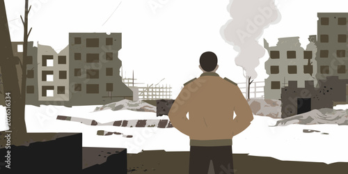 Obraz na płótnie Post apocalyptic cityscape illustration with figure somber and desolate