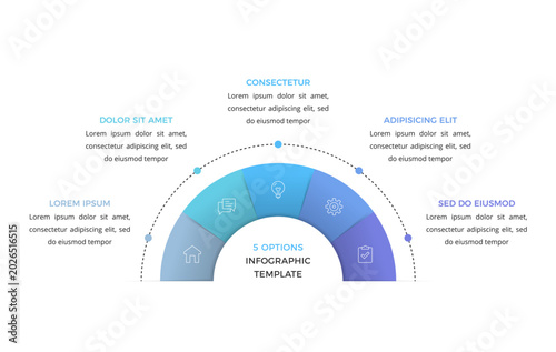 Foto Semicircular infographic template with five options for business presentation, d