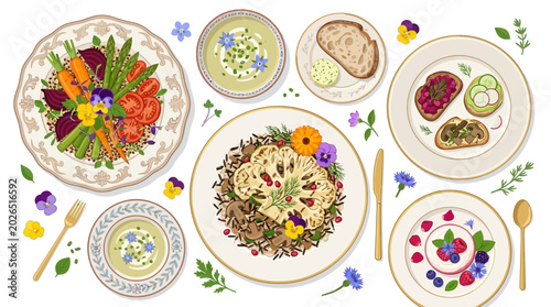 Tableau sur toile Vibrant overhead view of a healthy and colorful plant-based meal spread with fre