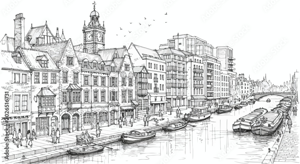 Obraz premium Hand drawn vector illustration of a historic city canal with boats