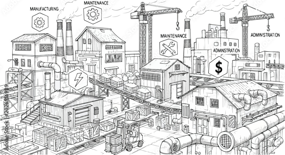 Fototapeta premium Industrial factory complex vector illustration with manufacturing line