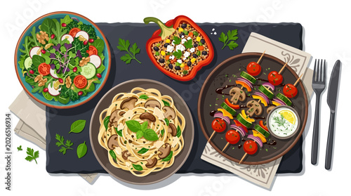 Photos Delicious and healthy meal spread with pasta, salad, and vegetable skewers, perf