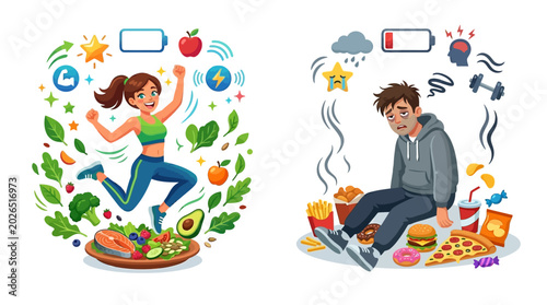 Photos Healthy versus unhealthy eating habits depicted through vibrant illustration of