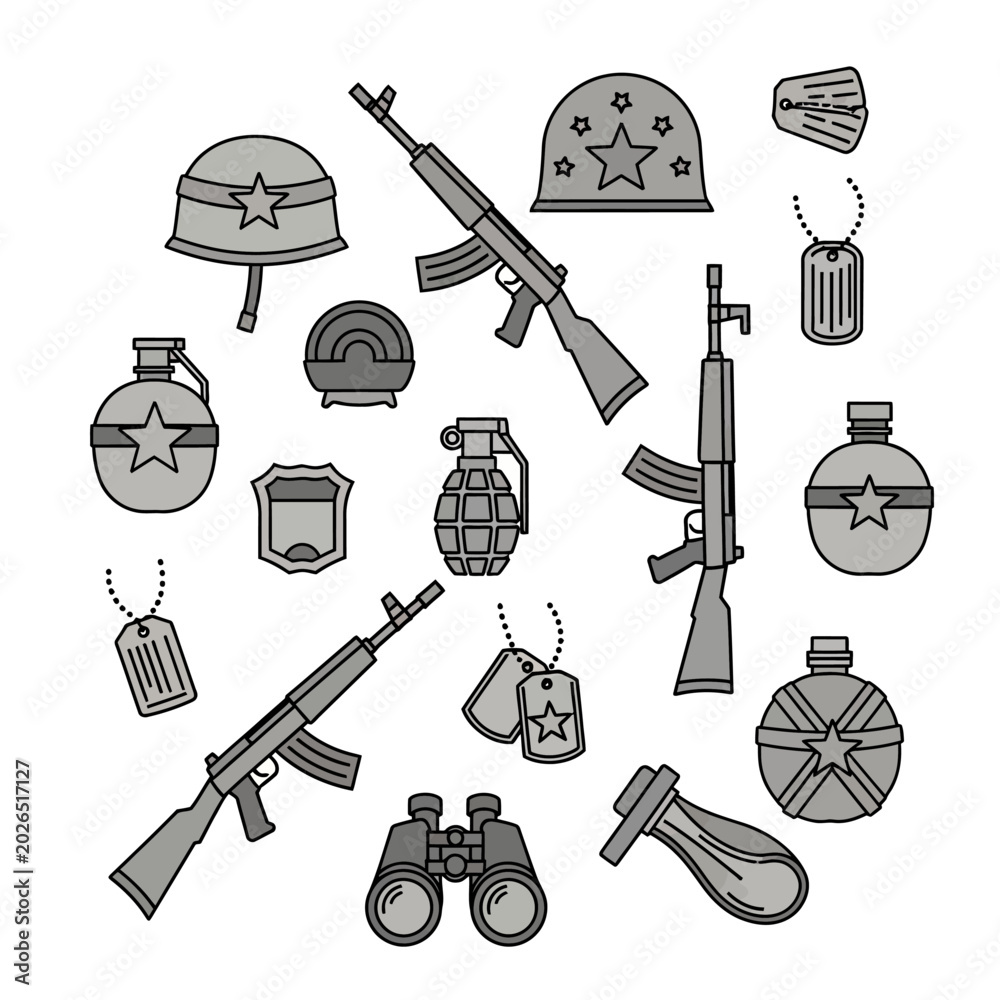 Obraz premium Military Equipment Collection - Vector Illustration on White Background