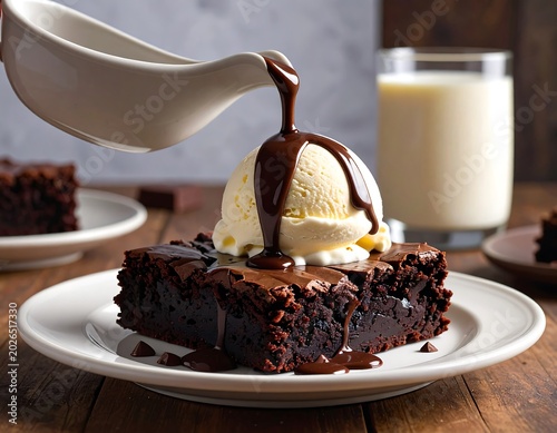 A brownie topped with ice cream is drizzled with warm chocolate sauce. A glass of milk sits nearby