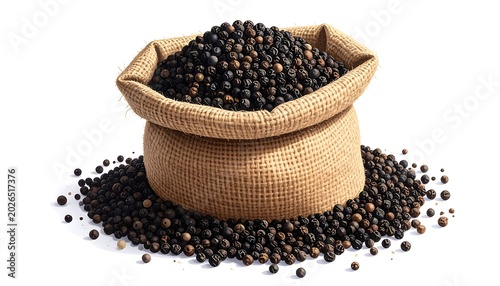 A burlap sack overflowing with black peppercorns, spilling onto a white background, suggesting abundance