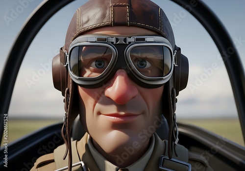 Vintage Aviator Pilot Wearing Goggles Seated in Airplane Cockpit
