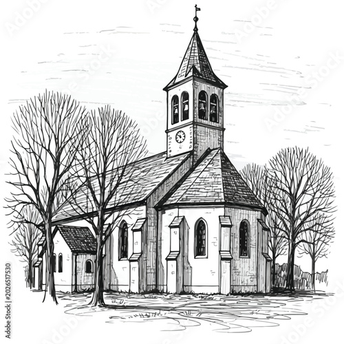 Hand drawn vector illustration of old church building with trees