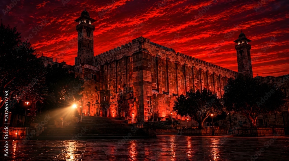 Naklejka premium A majestic Ottoman-era mosque illuminated against a intensely dramatic, fiery red and orange twilight sky with vibrant reflections on wet ground.