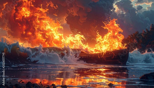 A burning ship is engulfed by flames, crashing against a foamy, turbulent ocean under a stormy, fiery sky