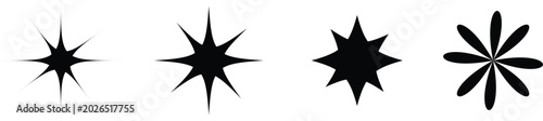 Four black star shapes with different point styles and designs isolated on white background, Vector, illustration