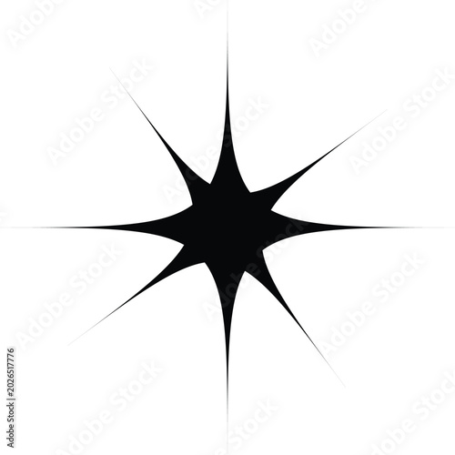 Black star shape with eight sharp points on a plain background isolated on white background, Vector, illustration