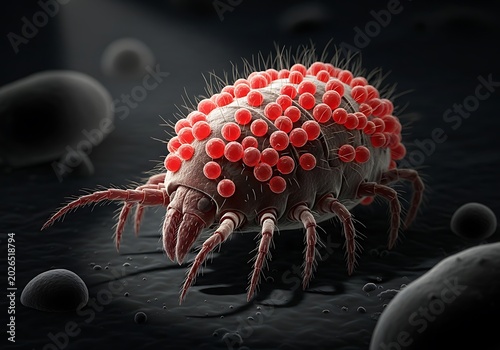 Microscopic Parasitic Mite Covered with Red Eggs on Dark Textured Surface