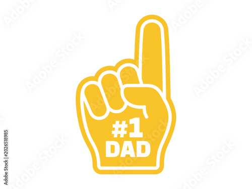 A foam finger illustration displays #1 DAD text for a sports enthusiastic father