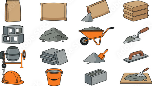 фотографія Construction Materials and Masonry Tools Collection Vector Illustration Featurin