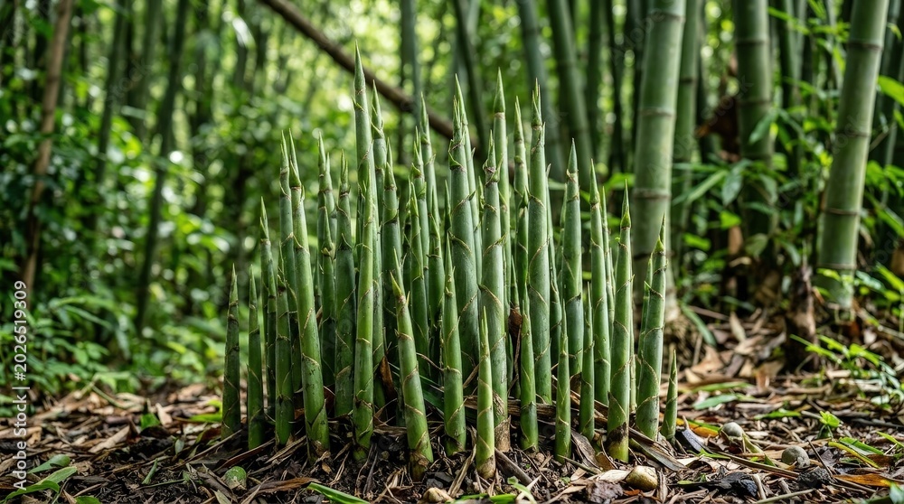 Obraz premium Fresh bamboo shoots emerging from dense forest soil amidst lush green foliage floor