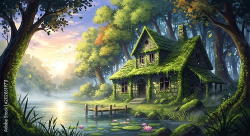 Moss Covered Fairy Cottage Beside Misty Lake in Enchanted Forest