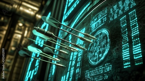 Dart arrows hitting center of a glowing digital target representing precision business strategy and accurate data analysis performance goals
