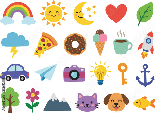 Cute Colorful Sticker Asset Set - Flat Design Vector Icons Collection