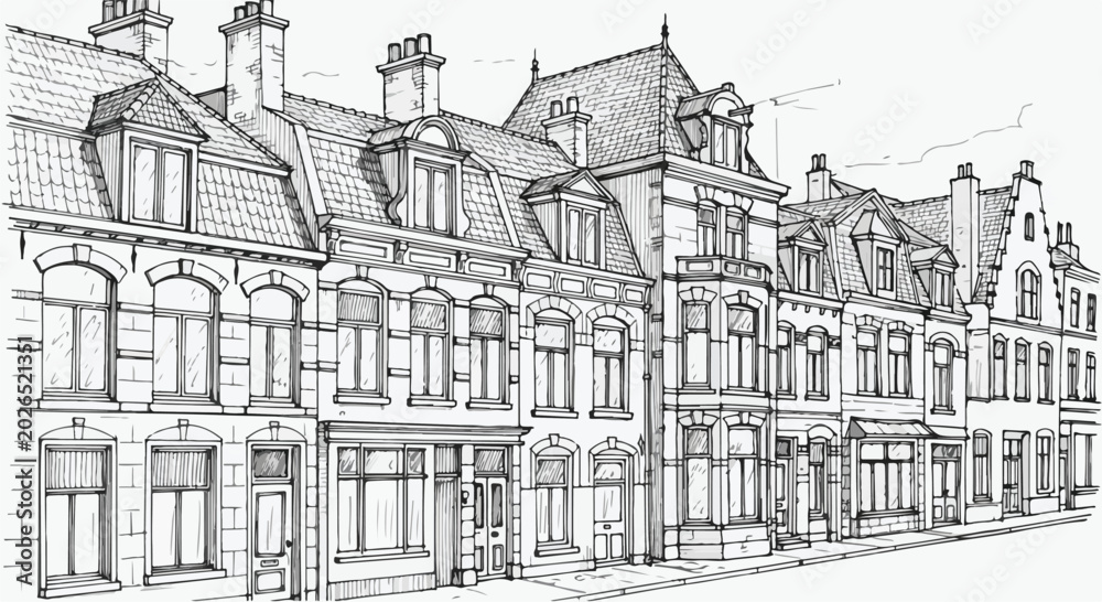Obraz premium Hand drawn vector illustration of classic European city street facade