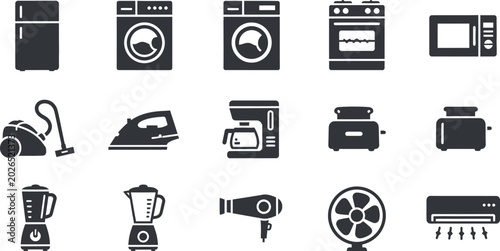 Home appliance icons set with washing machine vacuum cleaner coffee maker hair dryer appliance