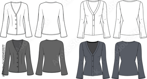 Set of v-neck button-up cardigan jacket fashion flat sketches featuring flared long sleeves in professional vector line art.