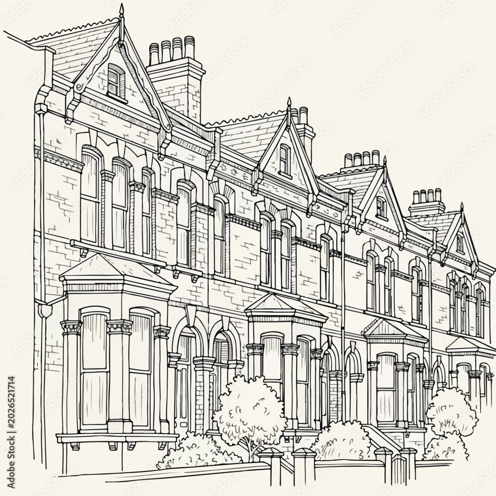 Fototapeta premium Victorian Terraced House Architecture Line Art Vector Illustration