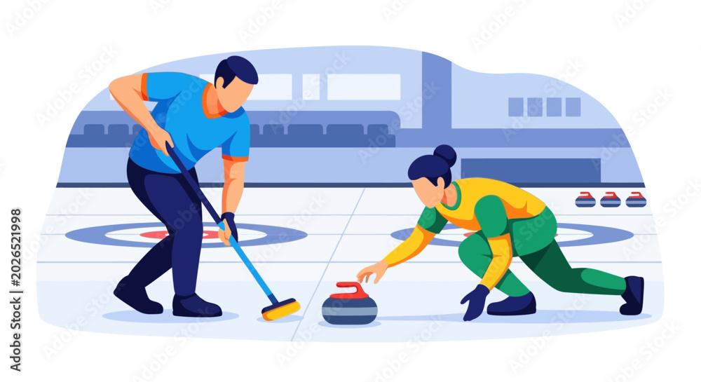 Fototapeta premium Curling team sliding stone on ice rink, winter sport competition illustration