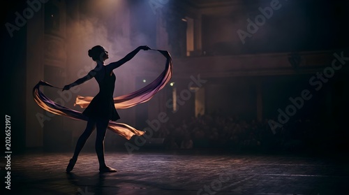 Female ballet dancer performing graceful choreography with silk on stage