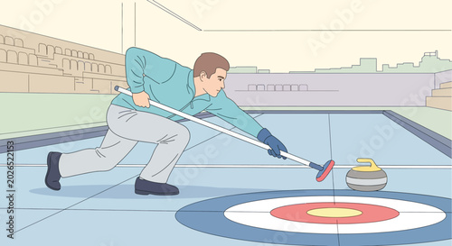 Curling athlete delivering granite stone, rink sport illustration