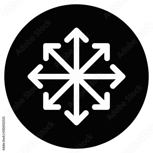 Vector graphic of a white directional symbol on a black circular background with arrows pointing in all directions.