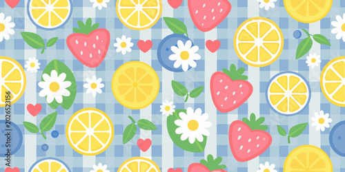 fruit pattern with strawberries lemons and blueberries seamless repeat