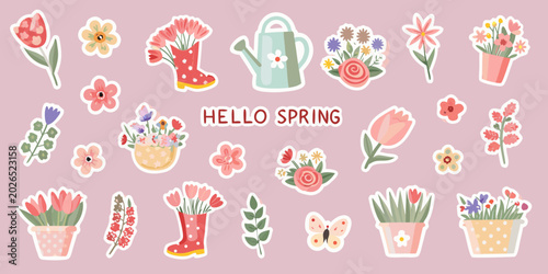 spring floral sticker collection with flowers and gardening elements