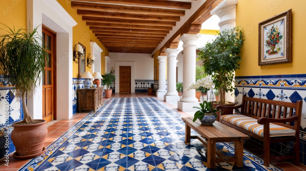 Fototapeta premium Mexican hacienda interior design featuring Talavera tiles and wooden beams