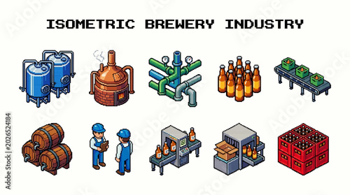 Isometric brewery industry elements production line, fermentation tanks, bottling and packaging equipment, and barrels