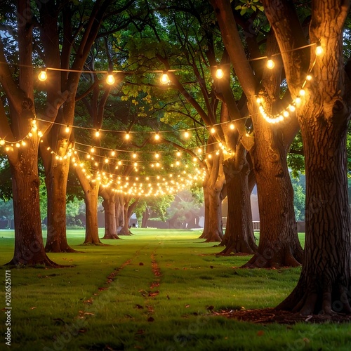 Evening scene of illuminated string lights hanging among large trees
