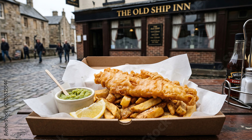Foto Classic British Beer-Battered Fish and Chips with Mushy Peas