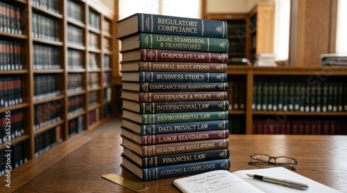A stack of law books sits on a wooden table in a library. The books cover various legal and regulatory topics, including corporate law, legal standards, and environmental law.