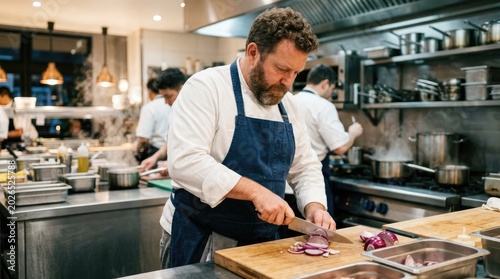 A chef meticulously dices red onions on a stainless steel countertop. He wears a dark blue apron and focuses intently on his task.