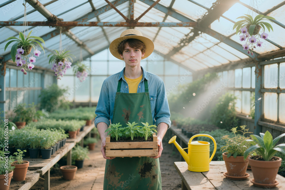 Obraz premium Portrait of Caucasian young adult man holding seedling crate in greenhouse, working in horticulture and plant cultivation. Supporting gardening business, nursery marketing, sustainability campaigns