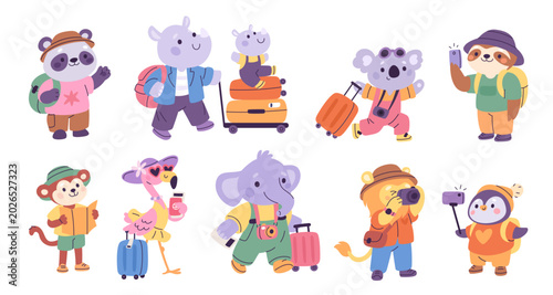Animals tourists. Cute fauna characters, cartoon travellers with luggage, funny panda, rhino and monkey, flamingo, cheerful vacation travel, journey garish vector cartoon isolated set