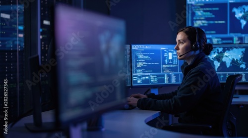 Female IT specialist working in a dark server room with multiple screens displaying data and maps.