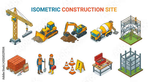 Collection of Isometric Construction Site Elements Including Cranes, Excavators, Cement Mixers, and Workers
