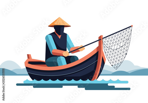 Konstfotografi Traditional Asian Fisherman with Conical Hat and Net in a Wooden Boat Vector Ill
