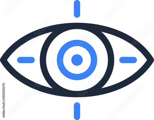 Minimalist blue eye icon with crosshair focus marks representing digital surveillance and biometric vision for modern UI design