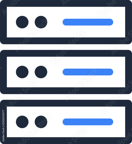 Minimalist blue and black server rack icon representing cloud computing data storage and network infrastructure for modern technology business