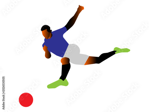 Minimalist vector illustration of a football player in a blue jersey kicking a red ball.