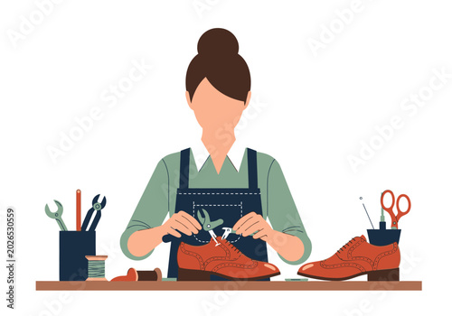 Obraz na płótnie Professional Female Shoemaker Crafting Handmade Leather Brogue Shoes in Workshop